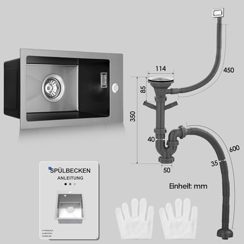 ROVOGO Küchenspüle Schwarz 50 x 28 cm, Edelstahl Spülbecken Küche mit Armaturloch, Ablaufgarnitur und Überlauf-Set, Einbauspüle 1 Becken Rechteckig, Einbau Spüle Klein Edelstahlspüle für Küche