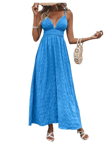 Milumia Women's Summer Smocked Cami Maxi Dress Boho V Neck Spaghetti Strap A Line Flowy Beach Long Sundress3