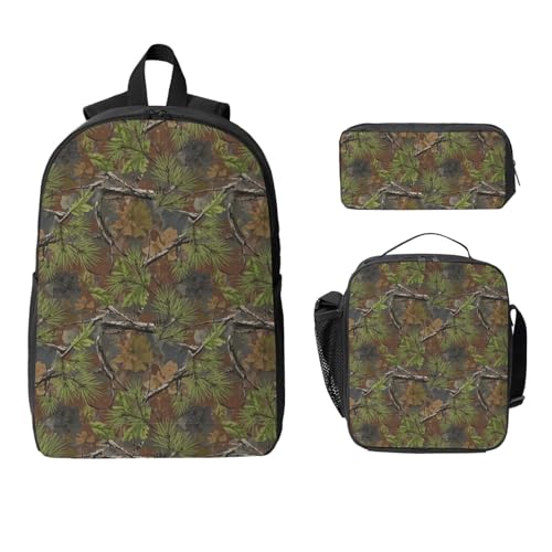 Ergonomic Backpack Set with Insulated Food Carrier & Multi-Pocket Pencil Case (3pc Waterproof Combo for Hiking/Commuting, Hunting Camo Trees Branches Military Camouflage)2