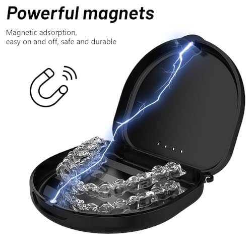 SSKHE Box für Zahnspangen mit Bürste, Werkzeug, Entfernung, kompakte Zahnrinne, kompatibel mit Invisalign, für Erwachsene, Magnetverschluss, Belüftung, Handgelenkschlaufe, Reise (schwarz)