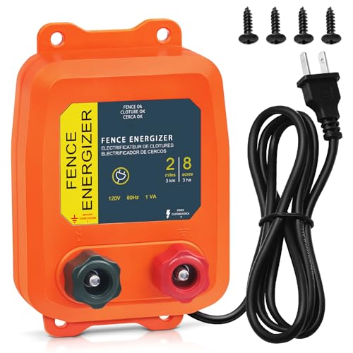 Electric Fence Energizer, 2-Mile/ 8 Acres Plug in Electric Fence Charger, Livestock Fence Charger for Dogs, Raccoons, Livestock, Squirrels, Chicken Coops, Skunks intruding, 0.1 Joule