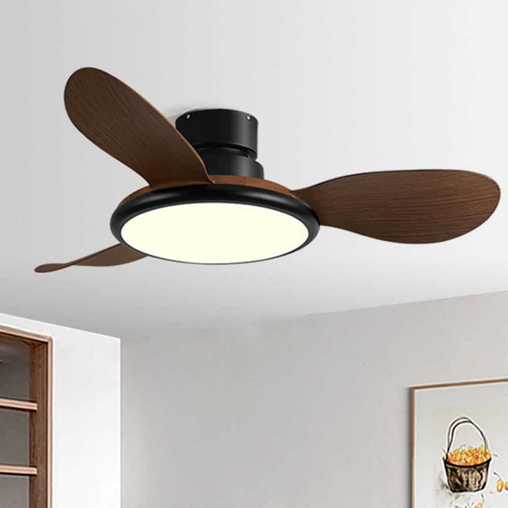 Ventilatore da soffitto moderno da 36 pollici con luci Ventilatore da soffitto a basso profilo a 3 pale con luce Ventilatore da soffitto in finto legno nero Ventilatore da soffitto per camera da let