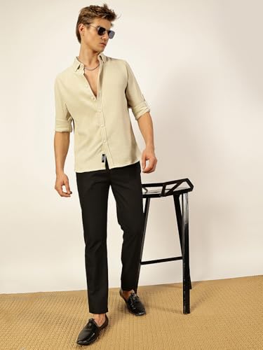 Image of Thomas Scott Men's | Solid | Textured Fabric | Full Sleeve | Slim Fit | Polyester-Blend | Spread Collar | Casual Shirt