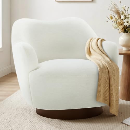 Image of KISLOT Swivel Accent Chair Set of 2,Upholstered Barrel Chair with Curves Camel Back Design,Modern Arm Chair with Wooden Base for Living Room Bedroom Reading Waitingroom,Cream White