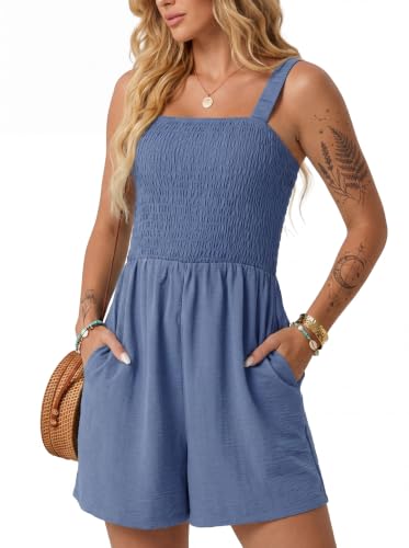 Image of Lepunuo Womens Rompers for Summer Casual Smocked Jumpers Overalls Square Neck Jumpsuits with Pockets Beach Vacation