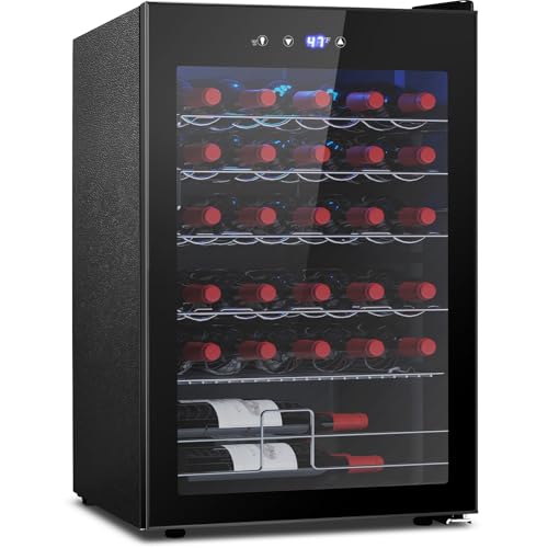 Image of COWSAR 37 Bottle Wine Fridge, Freestanding Commercial Beverage Refrigerator with Smart Temp Control, 4.45 Cu.Ft Mini Fridge Wine Cooler with Child Lock& Wavy Wire Shelves for Kitchen Bar, Black