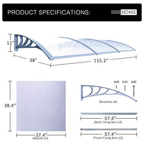 VIVOHOME Polycarbonate Window Door Awning Canopy Grey 40 Inch x 120 Inch