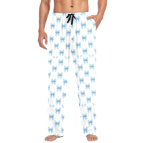 Men's Watercolor Blue Bows Pajama Pants with Pockets - Straight Fit Cotton Sleep Bottoms for Lounge & Nightwear#553
