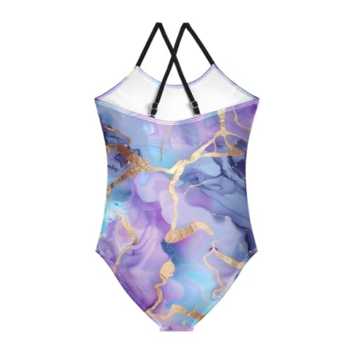 Girls Swimsuit Marble Watercolor Blue Purple One Piece Swimwear2