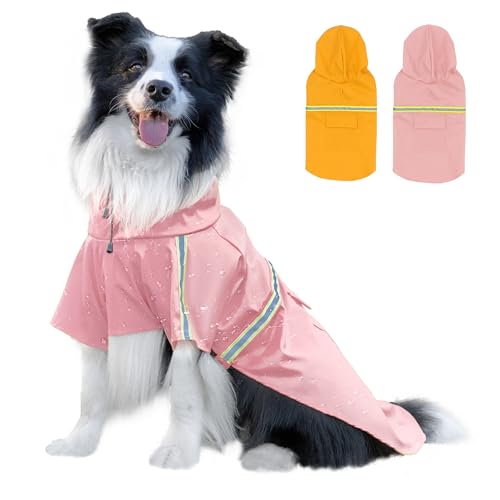 Dog Raincoat, Waterproof Windproof Dog Rain Jacket Adjustable, Rain Coat with Leash Hole, Reflective Strap Raincoat Poncho for Small Medium Large Dogs Outdoor (Reflection-Pink, Small) Reflec