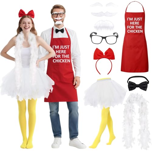 10 PCS Chicken Couple Costume, Couples Costumes for Adults Funny, Tutu Skirts, Yellow Opaque Tights, Feather Boa, Black Glasses, Bow Tie, Red Apron, Mustache Eyebrows Duo Costumes for Best Friends