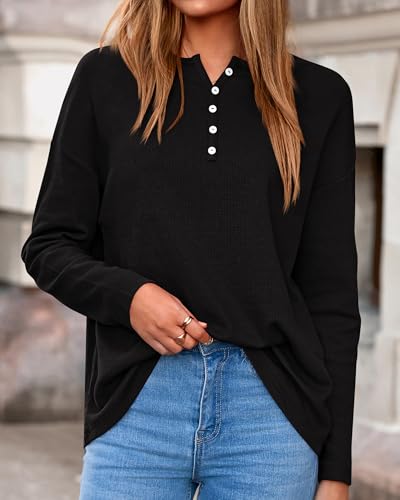 KIRUNDO Oversized Waffle Knit Tops for Women 2025 Fall Long Sleeve Henley Shirts Casual Blouse Deco Button Fashion Clothing4