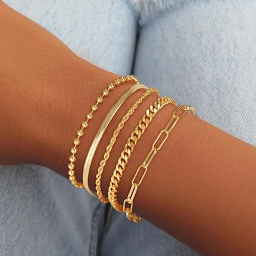 Gold Bracelets for Women, 14K Gold Plated Stackable Bracelets Dainty Paperclip Rope Cuban Figaro Snake Box Link Chain Bracelets Pack Gold Jewelry for Women3
