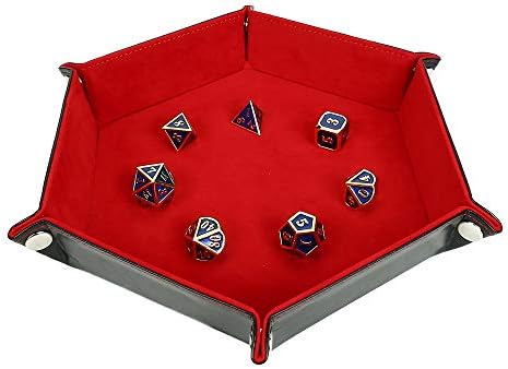 Dice Tray Metal Dice Rolling Tray for RPG, DND and Other Table Games, Holder Storage Box for Dice Set, Double Sided Folding Rectangle PU Leather and Red Velvet