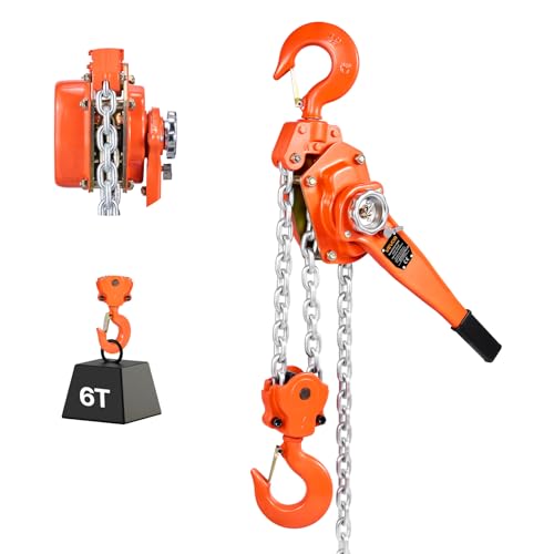 VEVOR Palan à Chaîne à Levier Manuel, Charge 6 t, avec Chaîne en Acier Allié G80 de 6 m, Frein Mécanique à Double Cliquet, Crochets Rotatifs 360°, pour Entrepôts, Chantiers de Construction, Garages