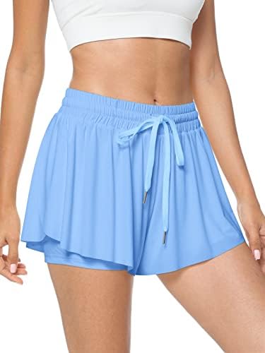TARSE Womens Summer Flowy Skirt Shorts Lightweight Drawstring 2 in 1 Running Beach Shorts Cute Stretch Dance Skorts Shorts (Baby Blue,XS)