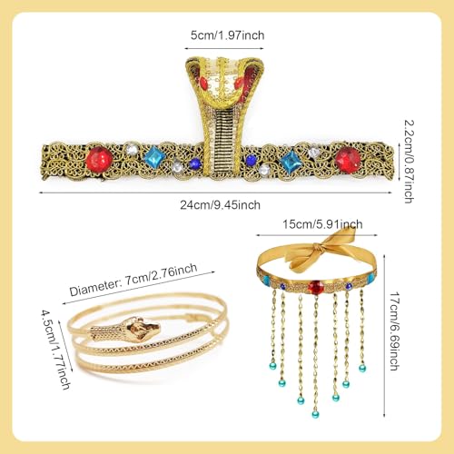 SAIIURV - Juego de 4 accesorios de disfraz egipcio egipcio para mujer, diadema, collar, pompón con cuentas egipcias, pulseras de serpiente, accesorios Cleopatra para Halloween, carnaval, fiesta, 20 cm - imagen 2