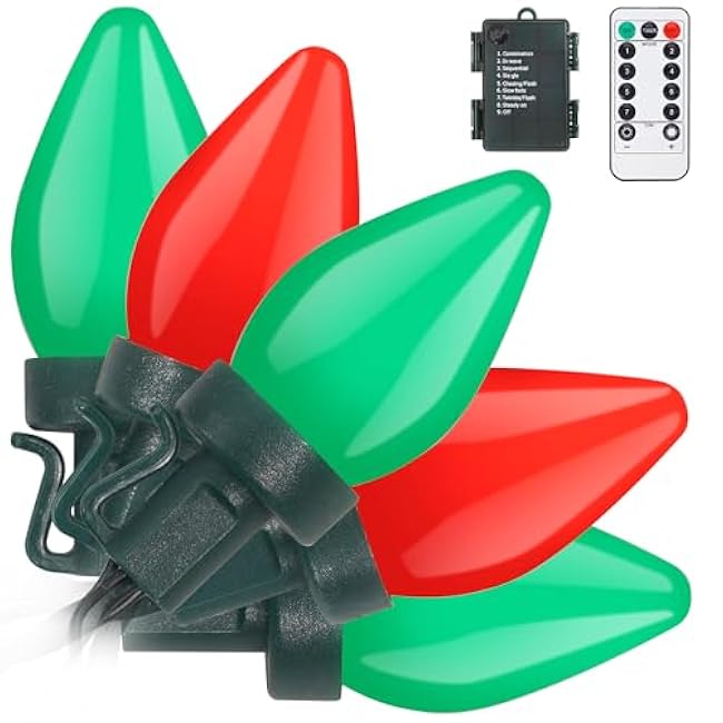 HAYATA C7 Bulbs Battery Classic Christmas String Lights with Timer - Red&White 50 LED 24ft String Lights - Fairy Lighting for Outdoor, Indoor, Garden, Yard, Party, Home, Wreath, Garlan SE (Red&Green)