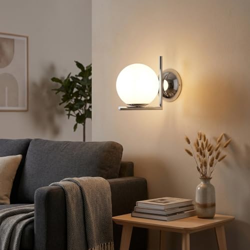 BARCELONA LED Wandleuchte ATOM Weißes Glaskugel Ø15cm E27, Kleine Wandlampe mit L-förmigem Chrom Aluminiumhalter, Klassisch, Modern, Retro und Luxuriös, Dekorative Innenbeleuchtung
