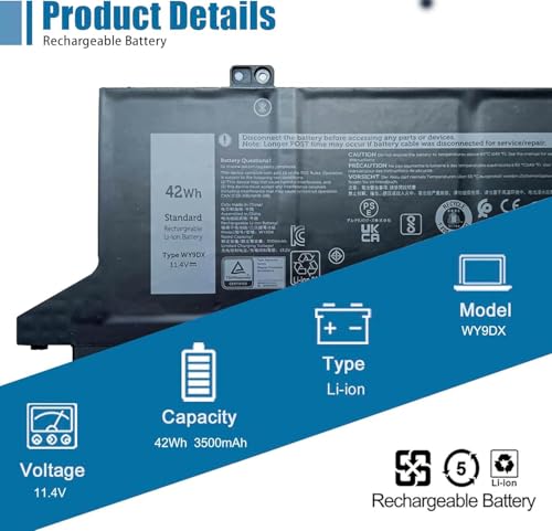Image of WY9DX Laptop Battery Replacement for for Dell Latitude 5420 5520 Precision 15 3560 Series RJ40G 01K2CF 075X16 0WK3F1 0M3KCN 005R42 11.4V 42Wh 3500mAh 3-Cells
