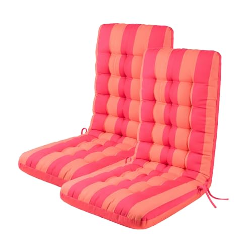 OHS Garden Chair Cushions with Backs Stripe Seat Pads Water Resistant High Back Seat Cushions with Ties for Garden Bistro Chairs Sun Loungers Indoor Outdoor Cushions Orange/Pink - 47 x 105 x 3cm