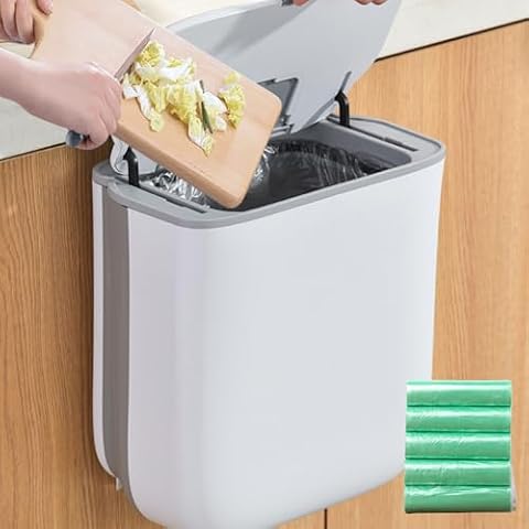 Behogan Wiszący kosz na śmieci 10 l, z pokrywką, składany, wiszący kosz na śmieci z 5 rolkami (75 sztuk), kuchenny kosz na śmieci z pokrywką, z tworzywa sztucznego, do kuchni, kampera, szafy