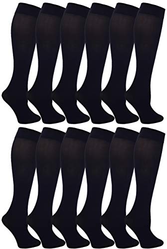 Women's Trouser Socks, 6 Pairs, Opaque Stretchy Nylon Knee High, Many Colors (12 Pairs Black)