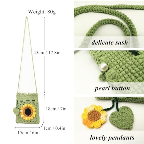 Handmade Crochet Sunflower Blossom Phone Bag Knitted Bag for Women, A-mint green2