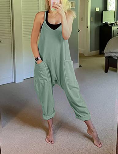 Omoone Loose V Neck Jumpsuits For Women Casual Sleeveless Spaghetti Straps Stretchy Overall Jumpsuit With Pockets (3888-Cyan-L) #TOP5