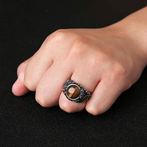 Hzman Polished Natural Tiger Eye Stones Bat Ring For Men Women Stainless Steel Ring Wicca, Reiki, And Energy Crystal Healing Jewelry #TOP2