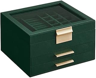 SONGMICS Jewellery Box with Glass Lid, 3-Layer Jewellery Organiser with 2 Drawers, Jewellery Storage, Plenty of Storage Space, Modern Style, Gift for Loved Ones, Forest Green and Gold JBC239C01