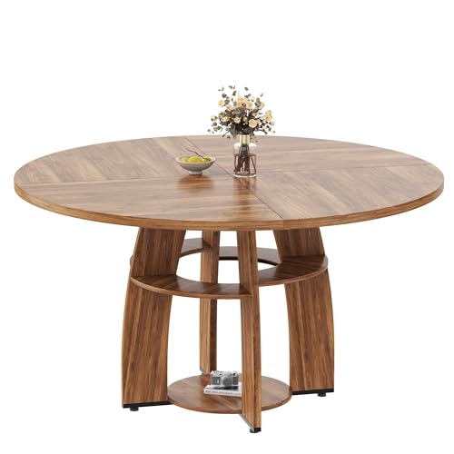 Table a manger ronde 120cm En Bois Massif,Dining Table pour 4 à 6 Personnes avec Etagères De Rangement,Pieds Ajustables,Jusqu'à 90 Kg,Table salle à manger Campagnarde pour cuisine,appartement(Marron)