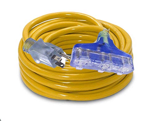 Yellow Extension Cord 10/3 50 Ft 10 Gauge Extension Cord Heavy Duty Indoor Outdoor Sjtw Lighted End Rated 1875 Watts Copper Triple Tap Extension Cord (10 Awg Triple Outlet, 50 Ft) #TOP2
