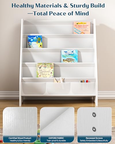 Image of SEIRIONE Sturdy Kids Bookshelf, 4-Tier Book Shelf for Kids Room with Oxford Fabric-Nursery Room Playroom Classroom, Deep Slings to Keep Books Upright, Ideal Height for Toddler Age 3+, Matte White