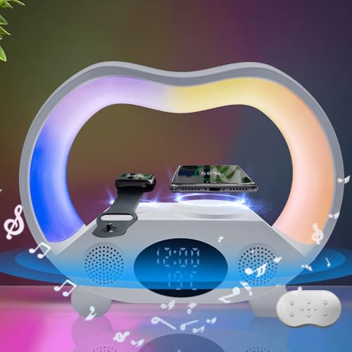 VHV Despertador Luz Bluetooth, Despertador Lámpara de noche, Lámpara de mesa LED con altavoz Bluetooth, Luz nocturna regulable 19 colores, Cargadores inalámbricos de 10 W, Luz nocturna (blanco)