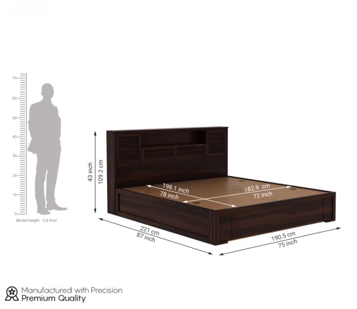 Image of Solid Sheesham Wood Bed with Storage | Wooden Bed with Drawer Storage & Designer Headboard | Strong & Durable Bed Frame for Bedroom Home & Hotel (Walnut Finish, King)