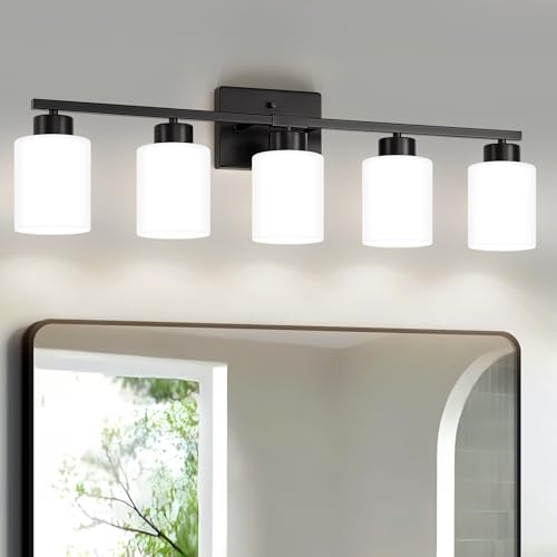 Image of FonmYim Black Bathroom Light Fixtures, 5-Light Modern Vanity Light Over Mirror, Wall Sconces with Milky White Frosted Glass Shades, E26 Socket (Bulbs Not Included)