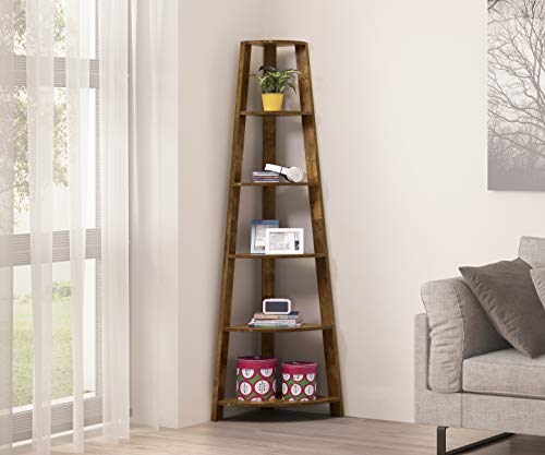 RAAMZO Nutmeg Brown Finish Wood Wall Corner 5-Tier Bookshelf Bookcase Accent Etagere