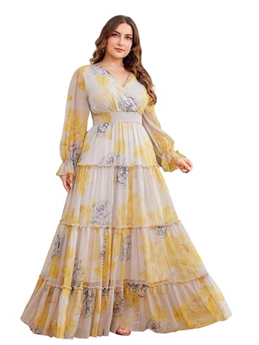 Image of Spring Summer 2024 Plus Size Womens Dresses V Neck Casual Elegant Long Sleeve Floral Print Maxi Dress