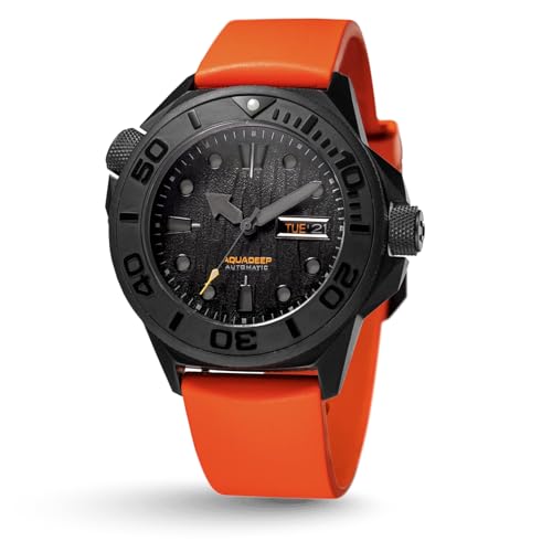 UNDONE Aquadeep Automatische Taucheruhr für Herren, 43 mm, 500 m wasserdicht, Armbanduhr für Taucher für Herren mit Gummiband, Schwarzes, strukturiertes Zifferblatt, orangefarbenes Gummiarmband,