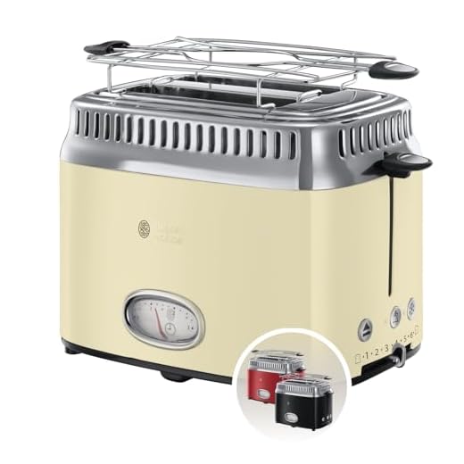 Russell Hobbs Tostadora Retro - 2 Ranuras Cortas y Anchas, Tostador para 2 Rebanadas, Bandeja Recogemigas, Calientapanecillos, Función Descongelar, Diseño Vintage, Acero Inoxidable, Crema - 21682-56