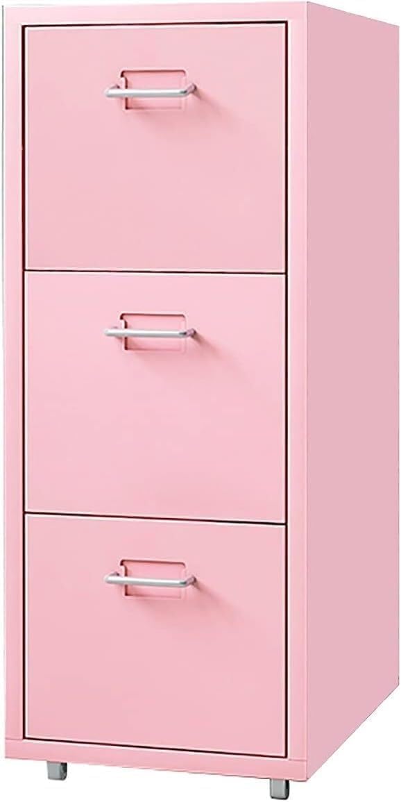 Black 3-Drawer File Cabinet for Home Office, 0.8mm Thick Cold-Rolled Steel, Mobile Storage Unit with Casters (Size: 11×16×27 inches)(Pink) (Pink 11x16x27inch)
