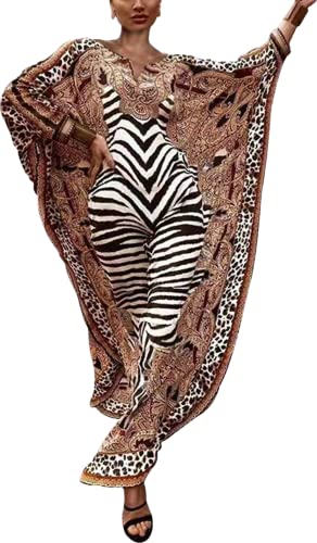 Leopard Zebra Beach Cover ups Women's Turkish Caftan Silk Wrinkle Ethnic Print Plus Size Muslim Kaftans Animal Print Batwing Sleeve Over Sized Caftans Lounge wear Maxi Beach Dress G059 (A-Leopard)