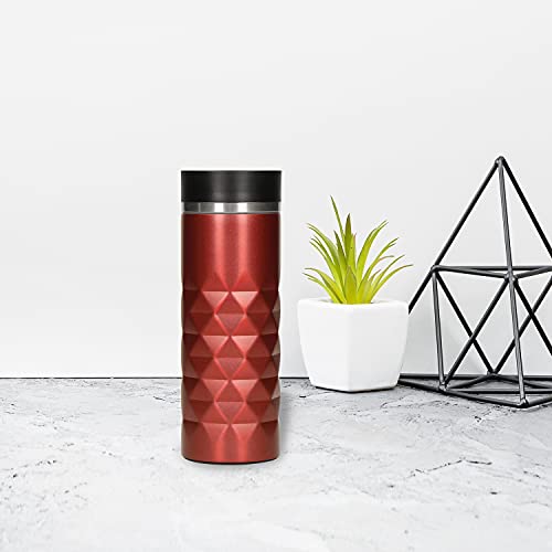 Foto von Elasto Premium Edelstahl Thermobecher mit Push-Button I 450 ml I auslaufsicherer Verschluss I heiß & kalt I BPA-frei I Thermo Kaffeebecher to go Diamond I matt glitzernd I Rubin Rot