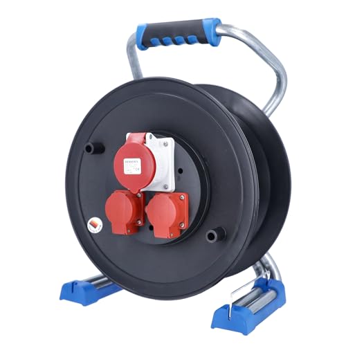 as - Schwabe Xperts Kabeltrommel leer für ca. 40 m Kabel Außenbereich IP44 2 Schutzkontaktsteckdosen + 1 CEE 5-polig 400 V Thermoschutzschalter Made in Germany
