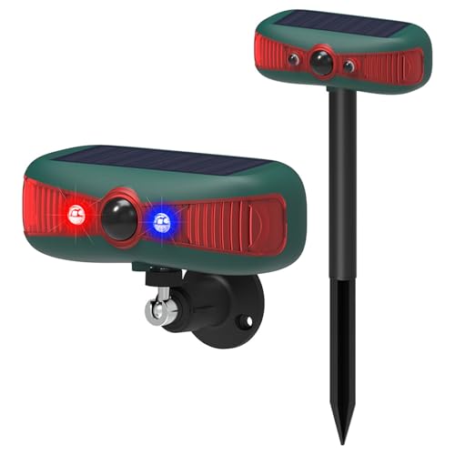 HULPPRE Solar Outdoor Motion Sensor Alarm-13 Sounds Including Dog Barking&Gunshot,2x130db Loud Noise Maker,4 Modes,Red&Blue Motion Activated Strobe Light,Say Goodbye to The Intruders