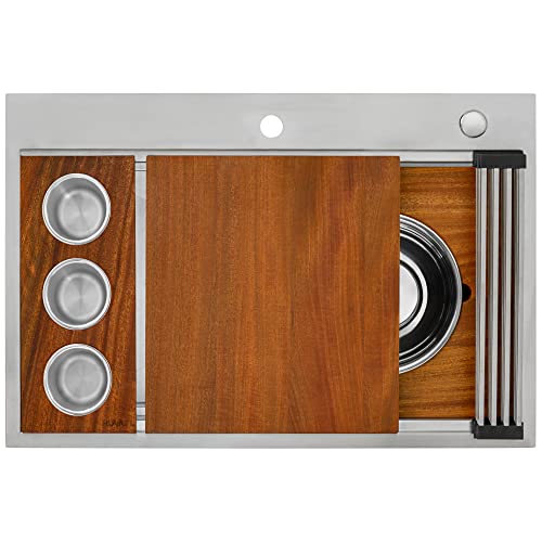 Image of Ruvati 33-inch Two-Tiered Ledge Workstation Kitchen Sink - Drop-in Topmount Kitchen sink - 16 Gauge Stainless Steel Kitchen Sink with Brushed Finish hides scratches - RVH8424