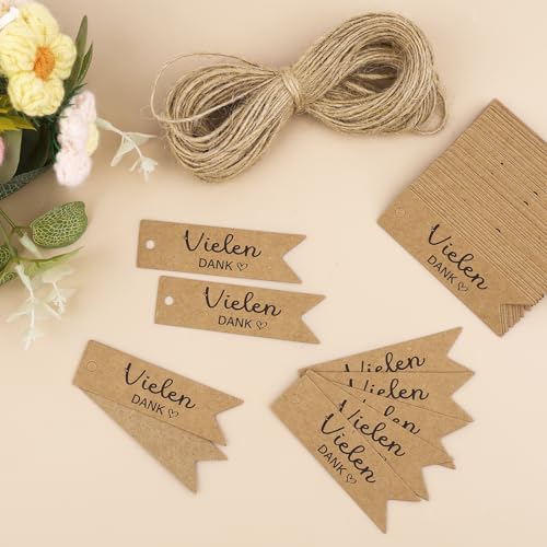 100 Stück Geschenkanhänger Danke, 7 * 2CM Kraftpapier Anhänger,Vielen danke anhänger mit 20M Schnur,Geschenkanhänger zum Beschriften,Etiketten anhänger für Hochzeit, Feste, Geburtstagsgeschenke(Braun)