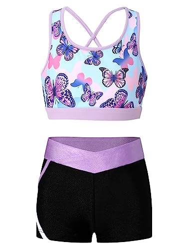 TiaoBug Kids Girls Two-Piece Swimsuit Dance Sports Outfits Crop Top and Shorts Activewear Sets Gym Yoga Workout Outfits