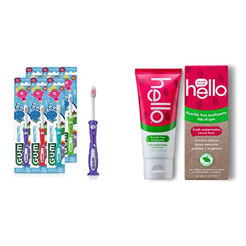 GUM Monsterz Kids and Toddler Toothbrush, (Pack of 6) & Hello Natural Watermelon Flavor Kids Fluoride Free Toothpaste, Vegan, SLS Free, Gluten Free, Safe to Swallow for Baby and Toddlers, 4.2 Ounce